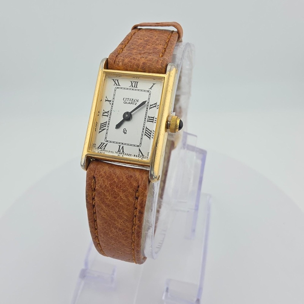 Vintage CITIZEN Ladies Tank 3220 Watch Brown Leather Band Yellow Gold Plate 7"